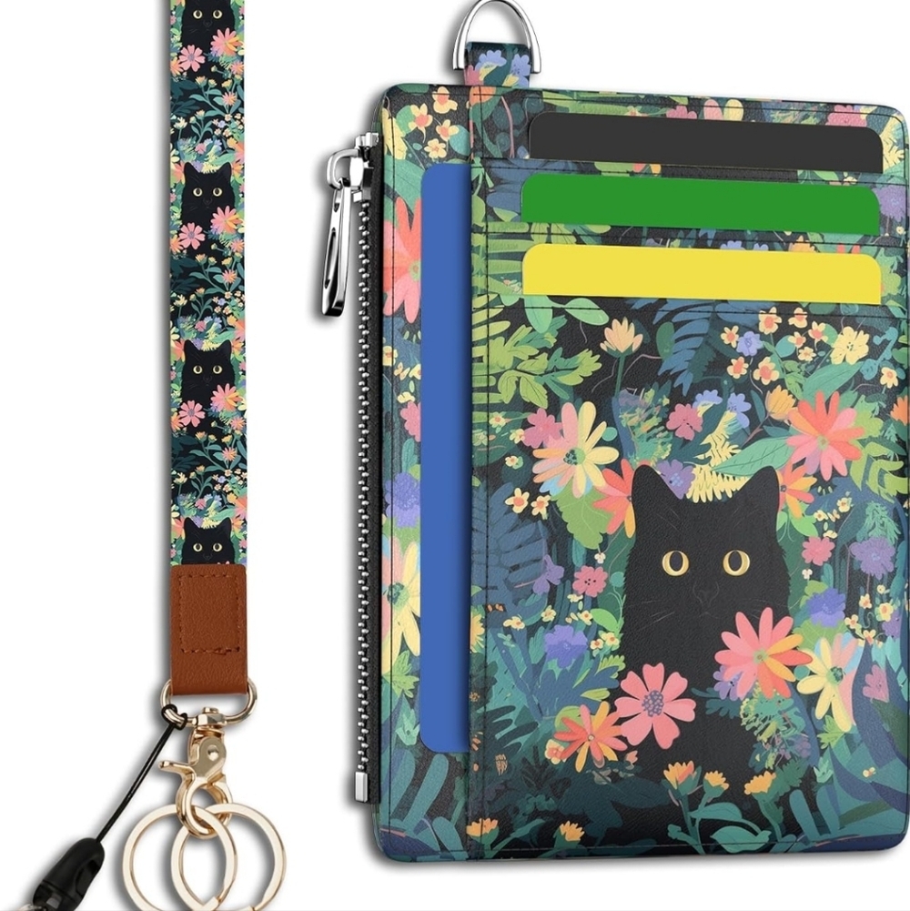 Floral Cat Design Phone Wallet with Lanyard
